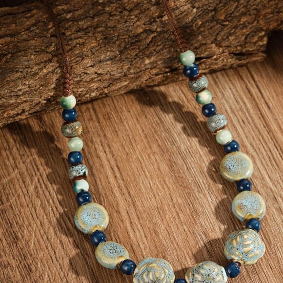 Boho Hippie Round Ceramic Beads Strand Necklace, Vintage Bohemian Summer Beach J - Picture 2 of 7